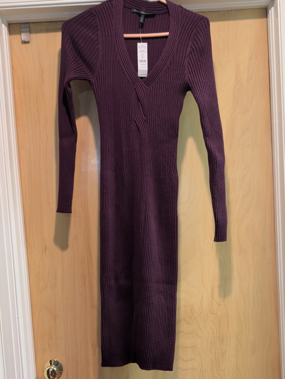 White House Black Market Ribbed V-Neck Long Sleeve Dress - Plum